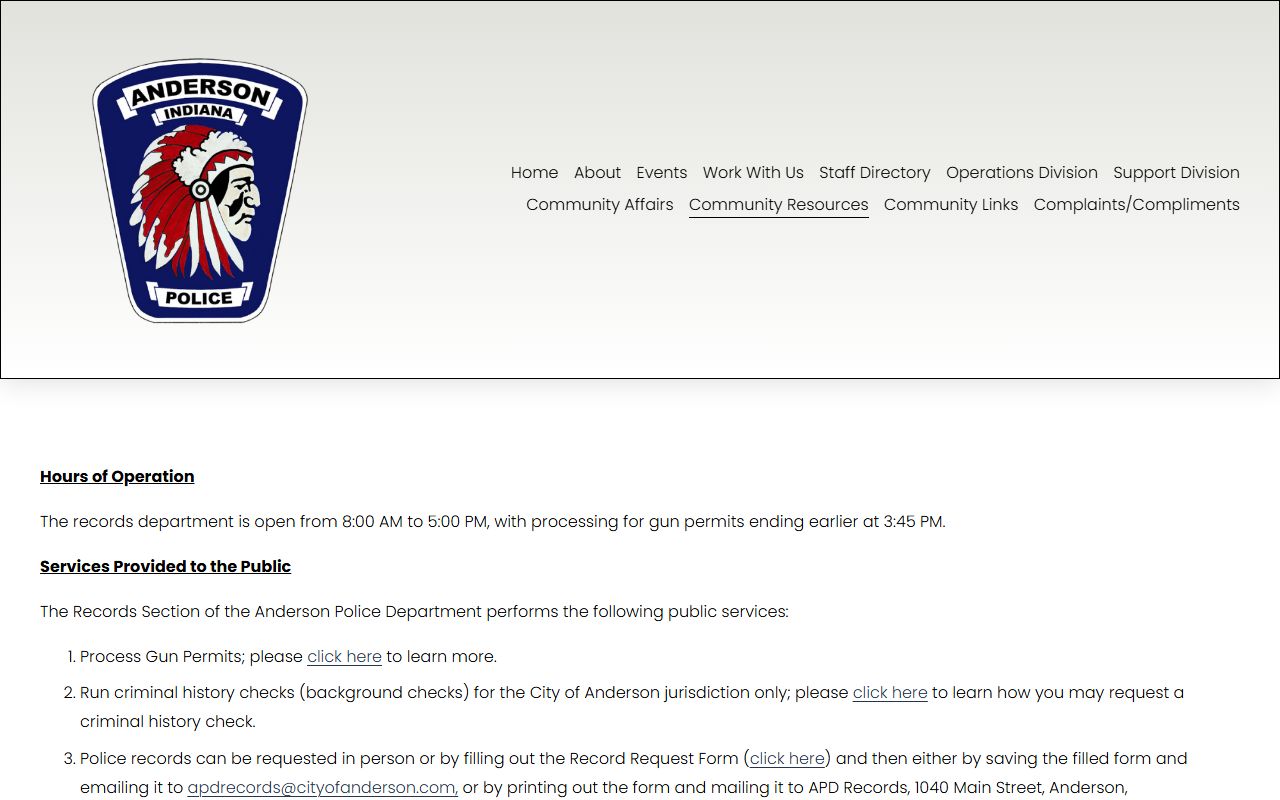 Anderson Indiana police blotter records division resources