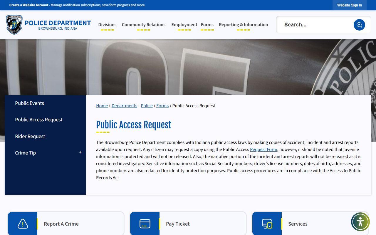 Brownsburg Indiana police records APRA request process
