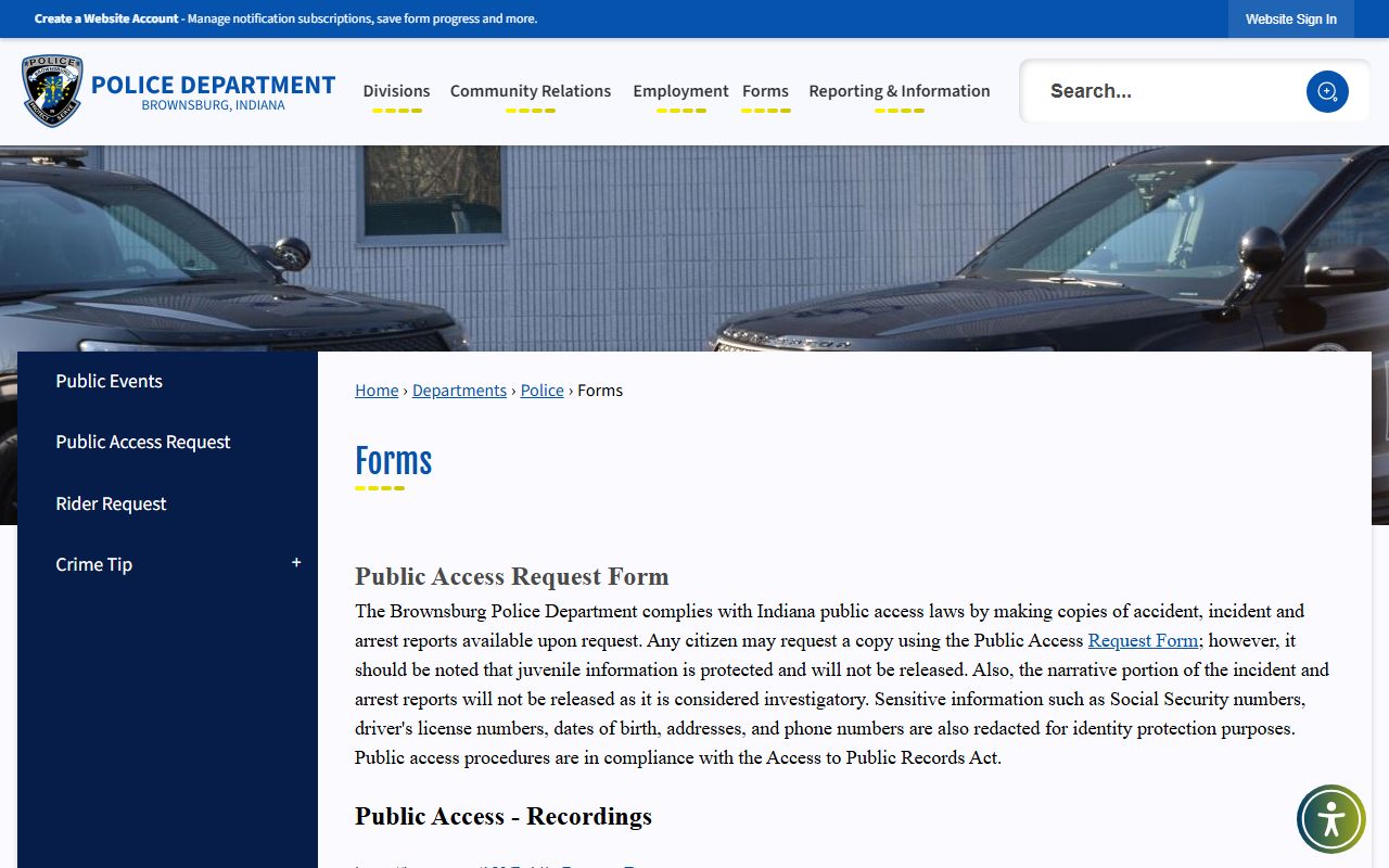 Brownsburg police blotter fee schedule and records info