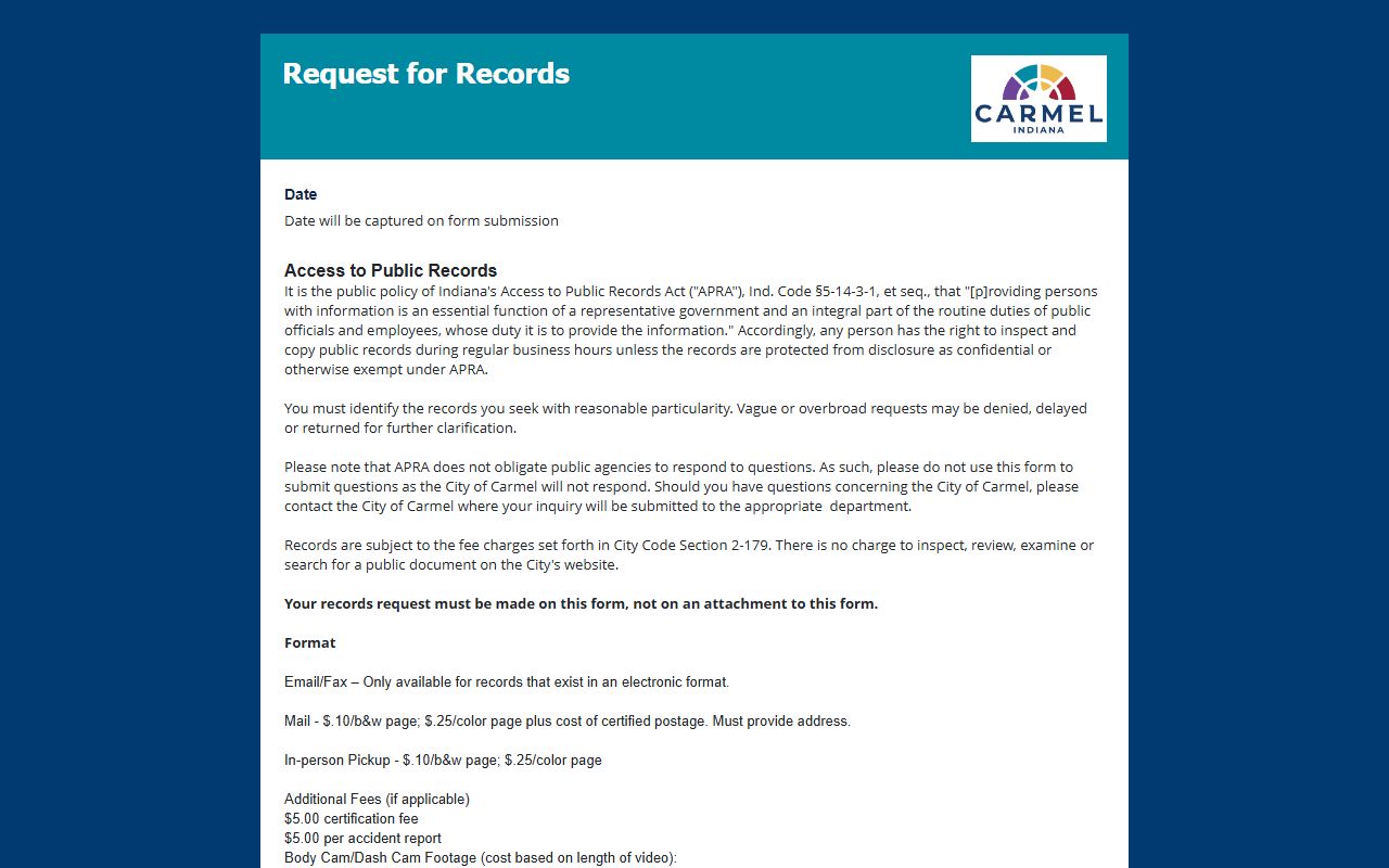 Carmel Police Department public records and blotter information page
