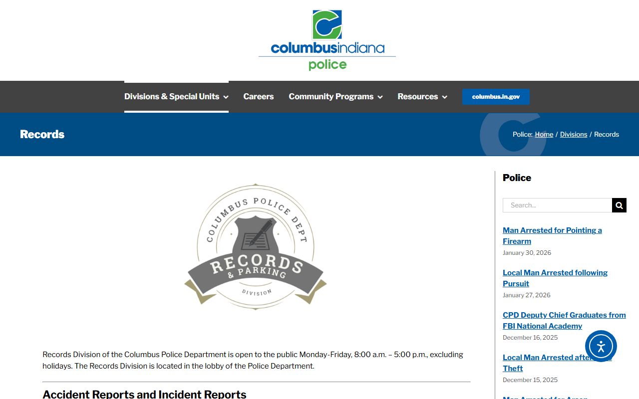 Columbus Indiana police blotter case records and court access