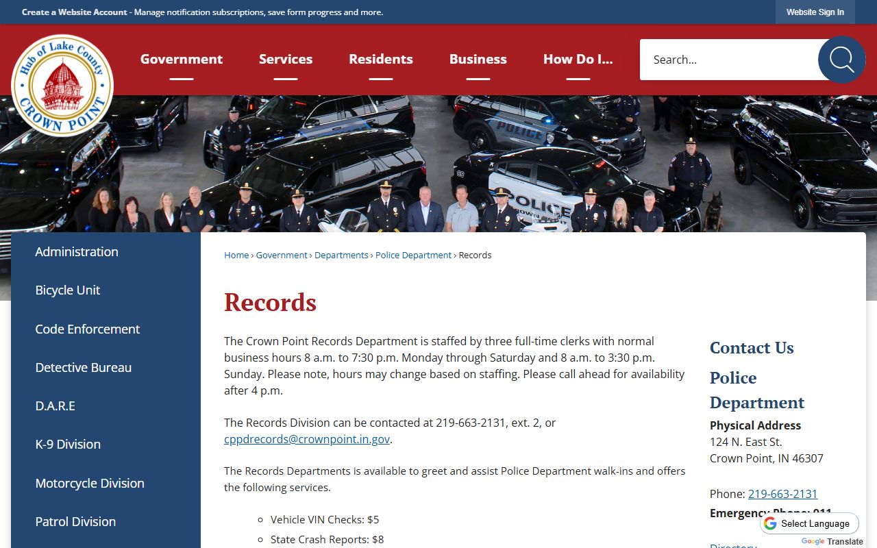 Crown Point Indiana police records FOIA request process