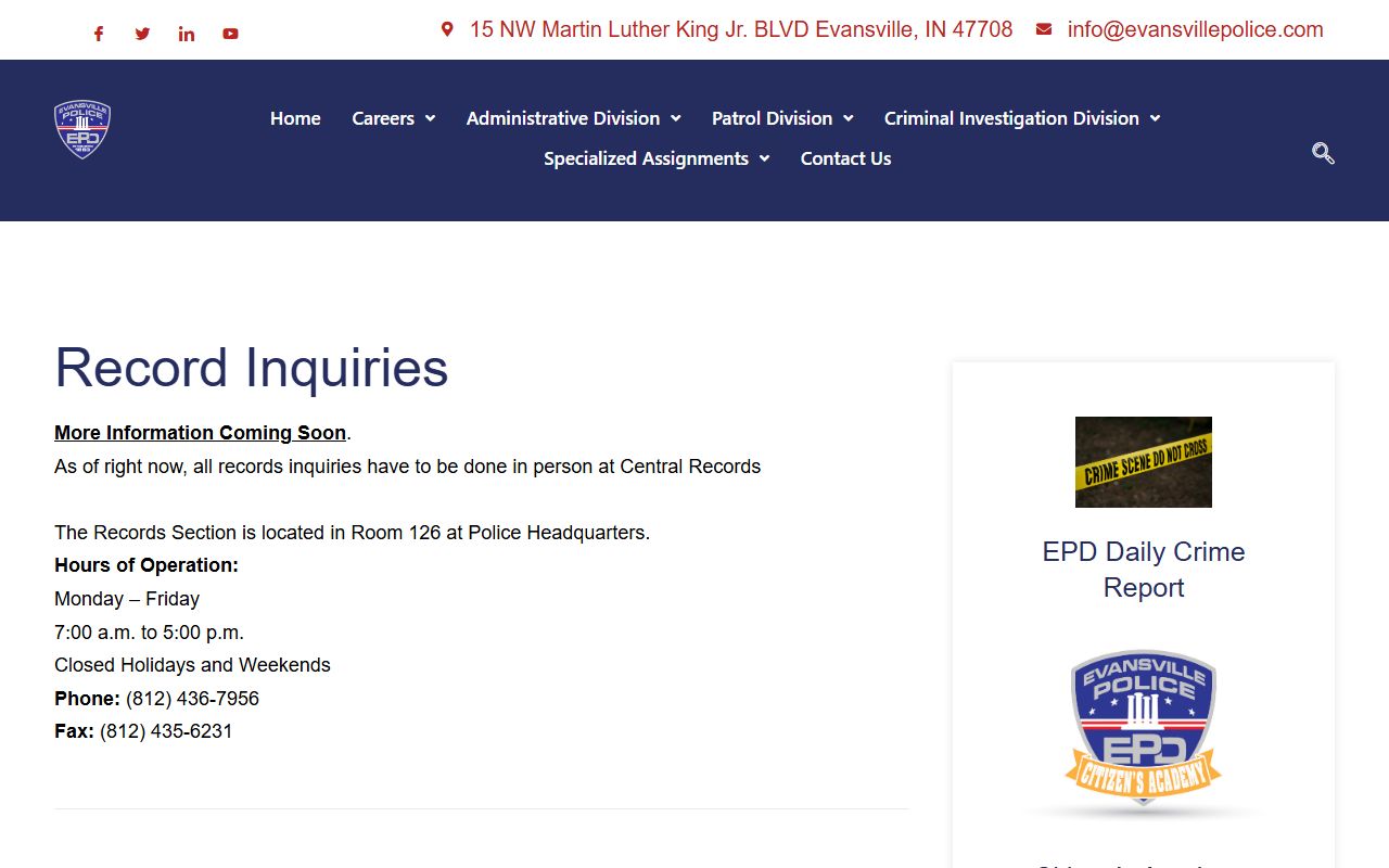 Evansville Police Department records inquiry page and blotter process