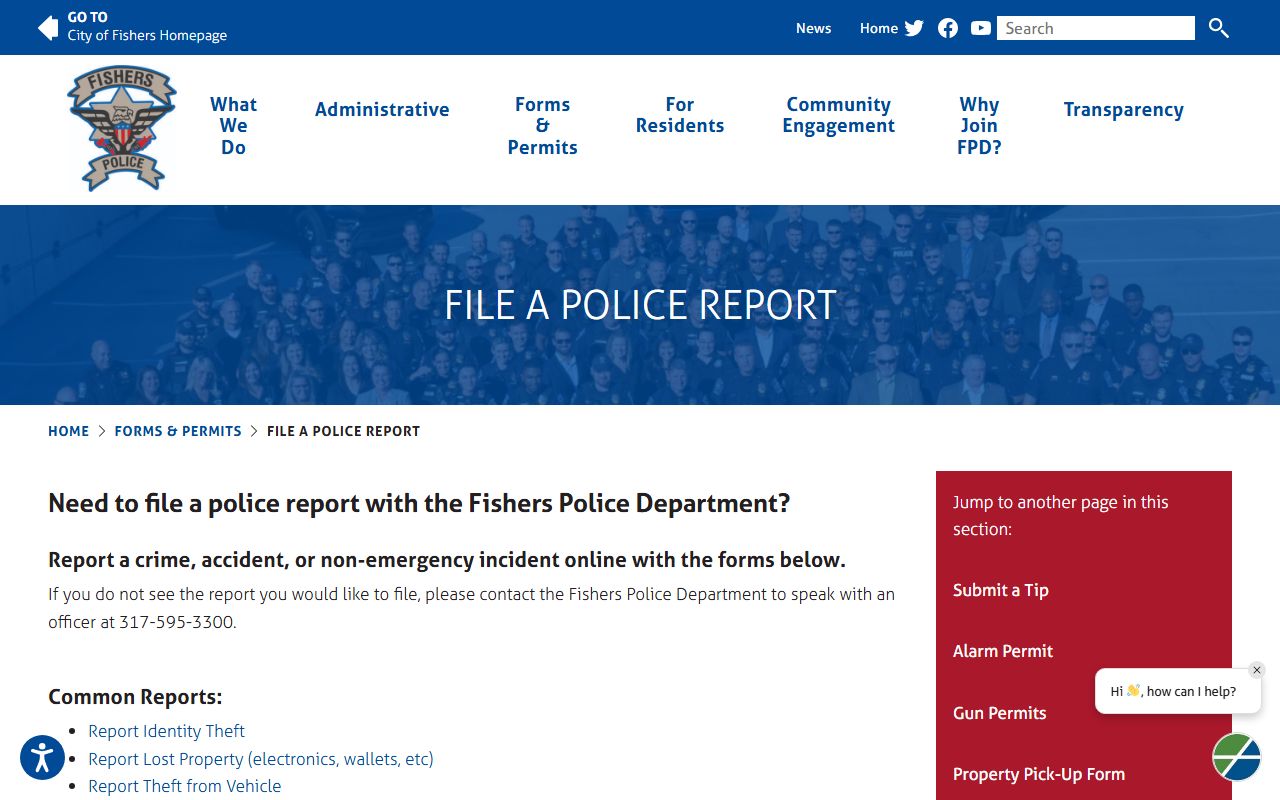 Fishers police blotter records and online portal for incident reports