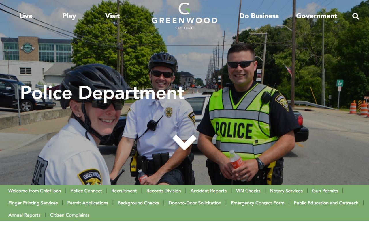 Greenwood Indiana Police Department website and online records request portal for police blotter