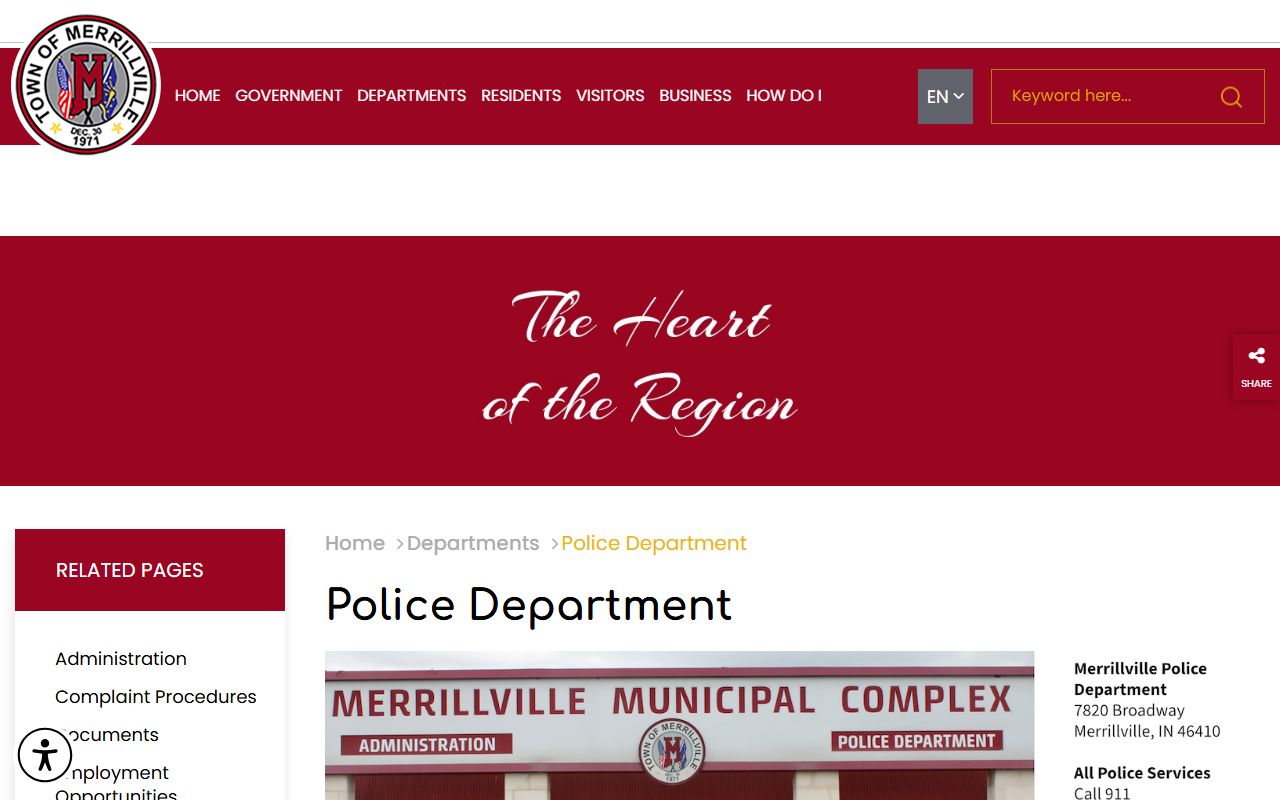 Merrillville Police Department website for police blotter records in Merrillville, Indiana