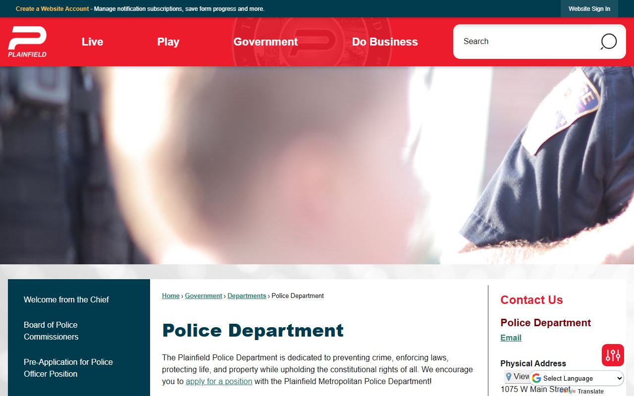 Plainfield Police Department website for police blotter records in Plainfield, Indiana