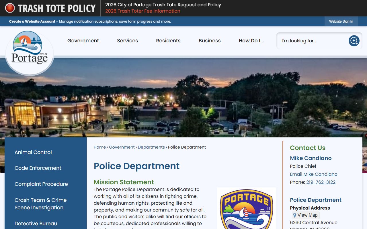 Portage Police Department website for police blotter records in Portage, Indiana