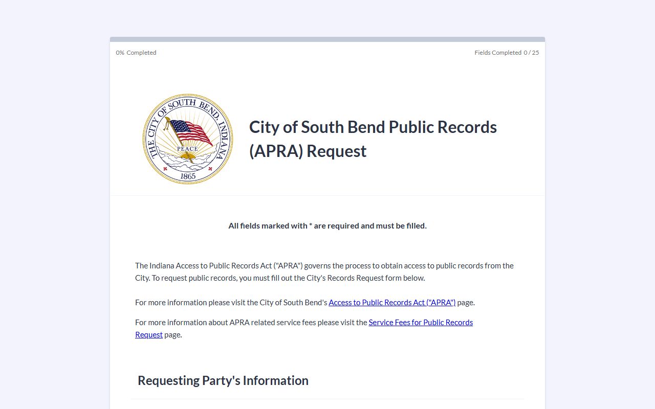 South Bend police blotter APRA portal online submission process