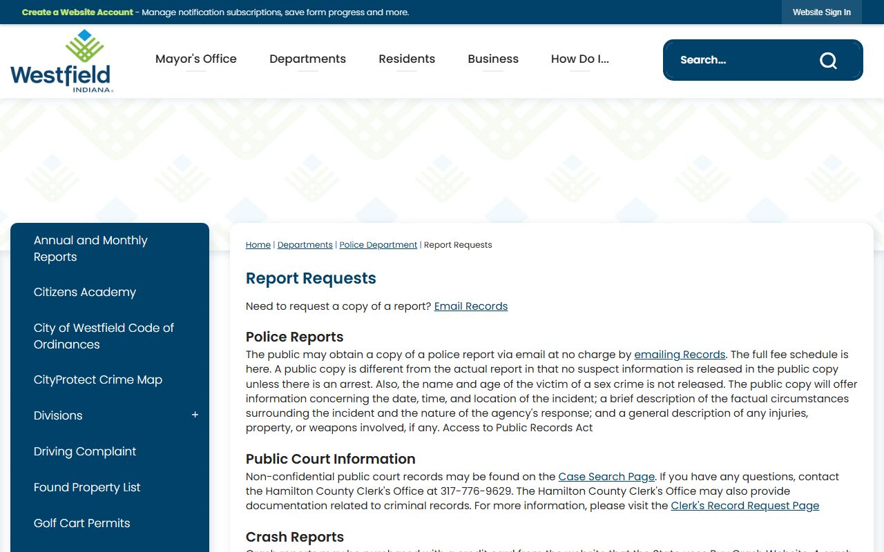 Westfield Police Department online blotter and records portal