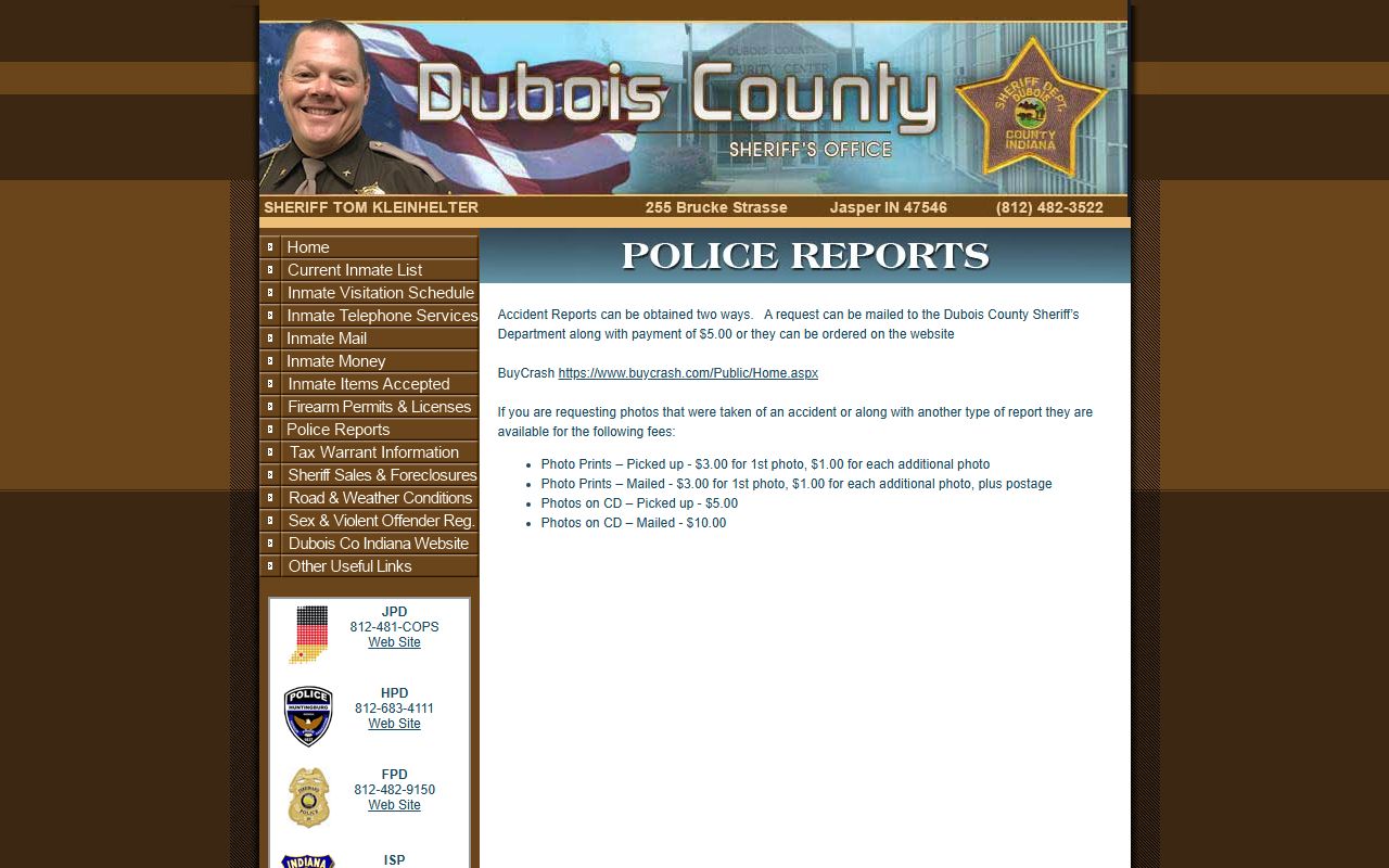 Dubois County Sheriff police reports page with instructions for obtaining incident reports