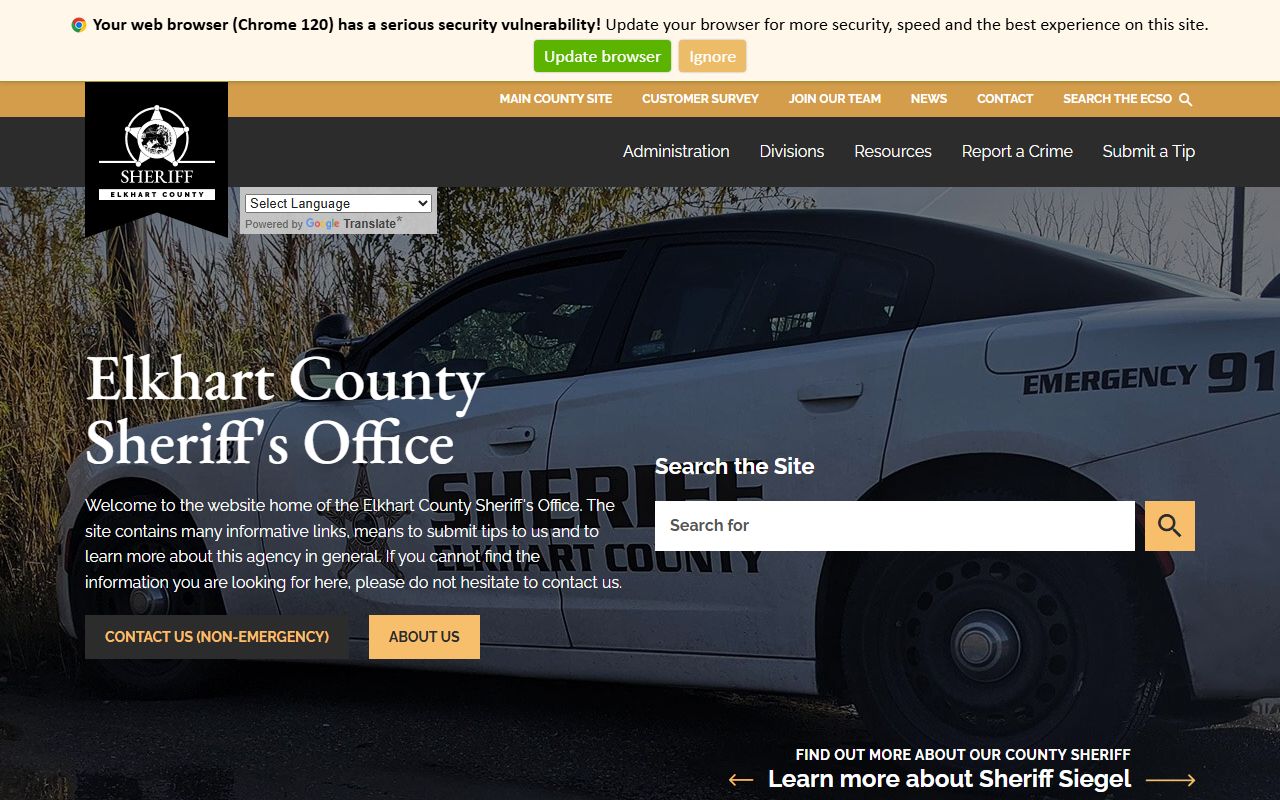 Elkhart County Sheriff's Office website with police blotter records and public records request forms