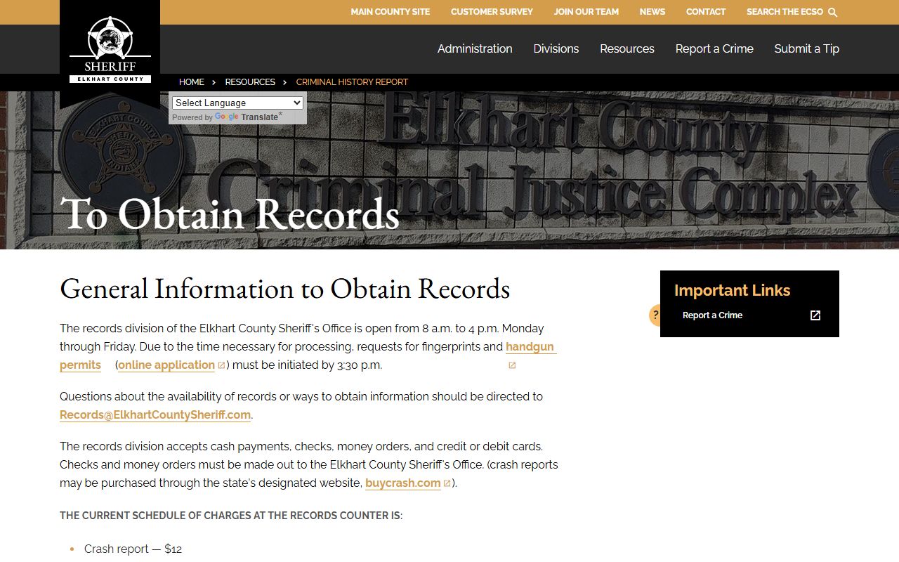 Elkhart County Sheriff criminal history report request form for police blotter research