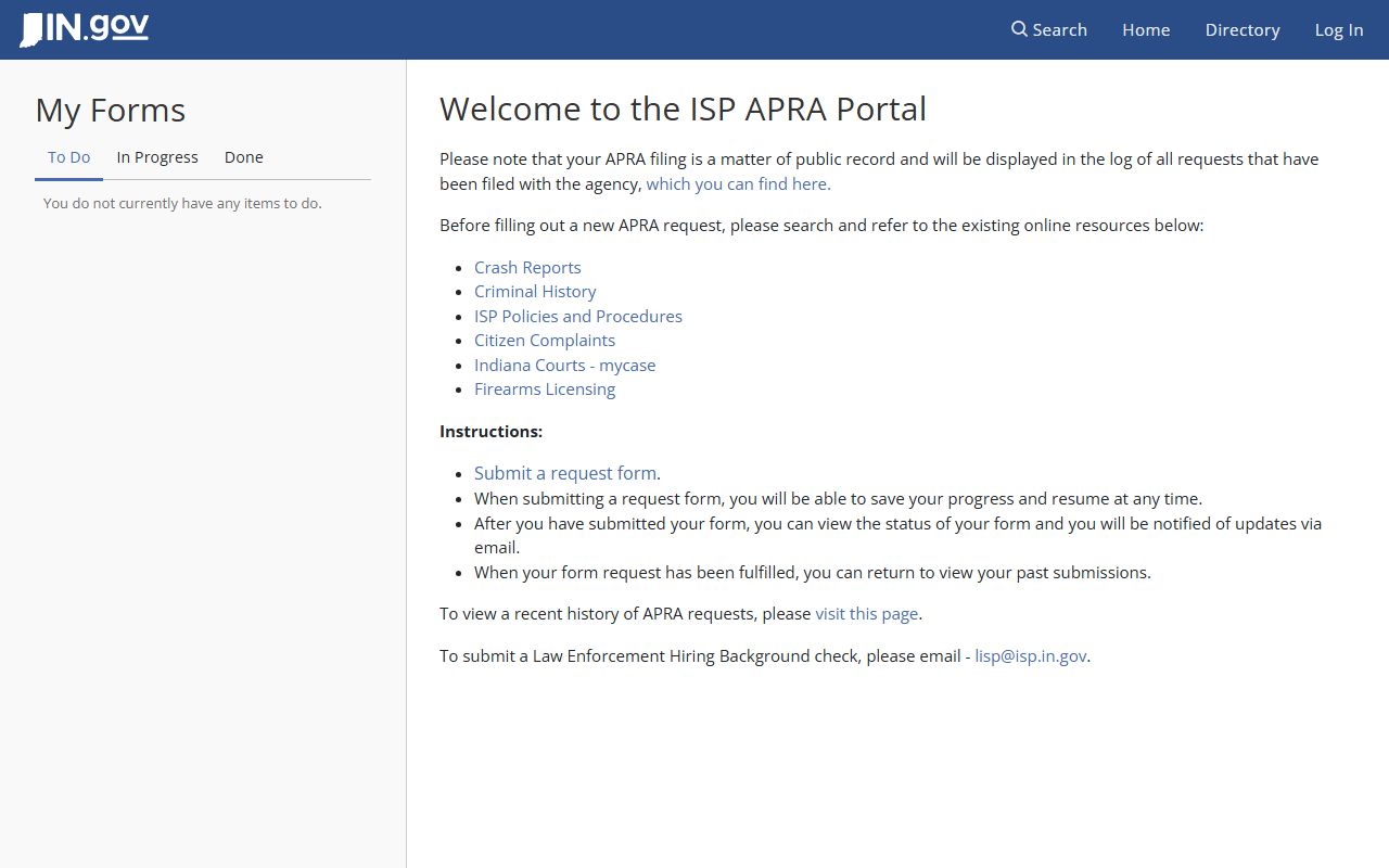 Indiana State Police APRA portal for submitting public records requests in Fayette County