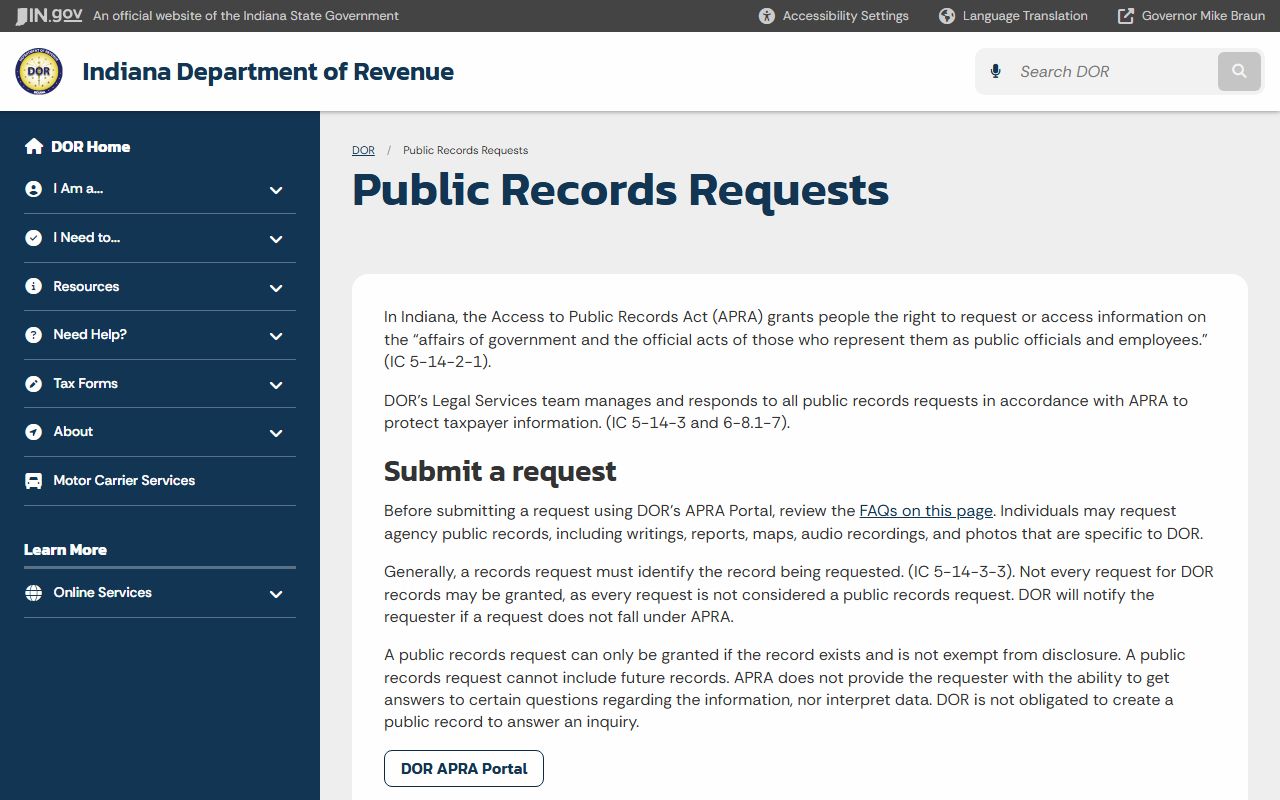 Indiana Department of Revenue legal records request page with guidance applicable to Fayette County records