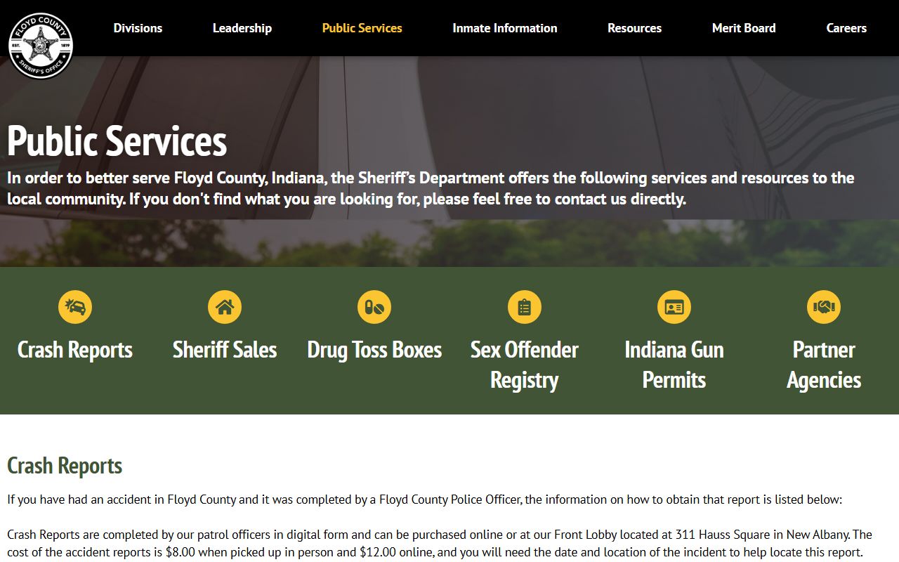 Floyd County Sheriff services page showing crash report fees and ordering options