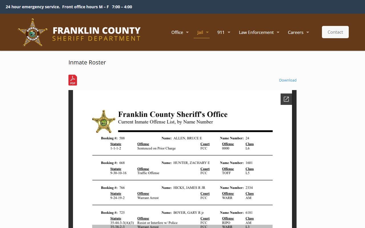 Franklin County Sheriff inmate roster and public records access page