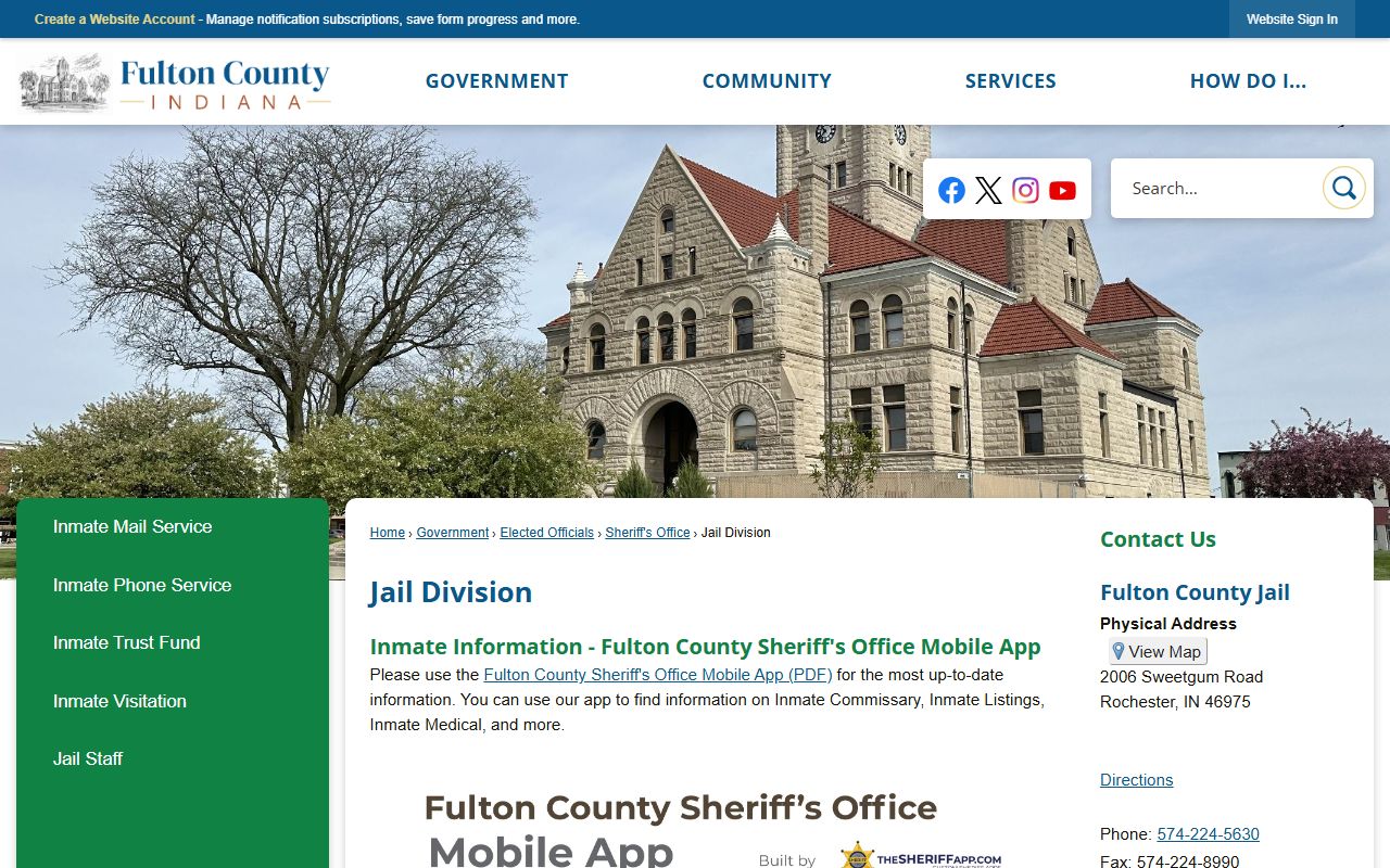 Fulton County Jail Division page showing inmate app information