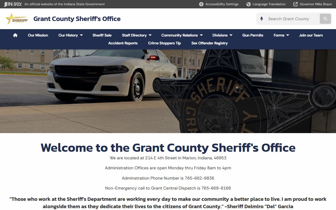 Grant County Sheriff's Office website showing contact information for police blotter requests