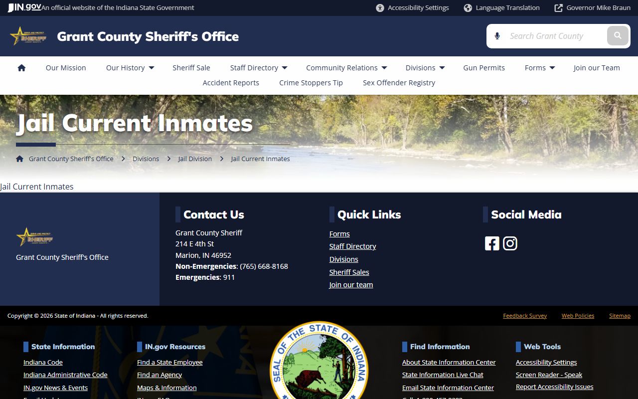 Grant County jail current inmates page showing current booking records