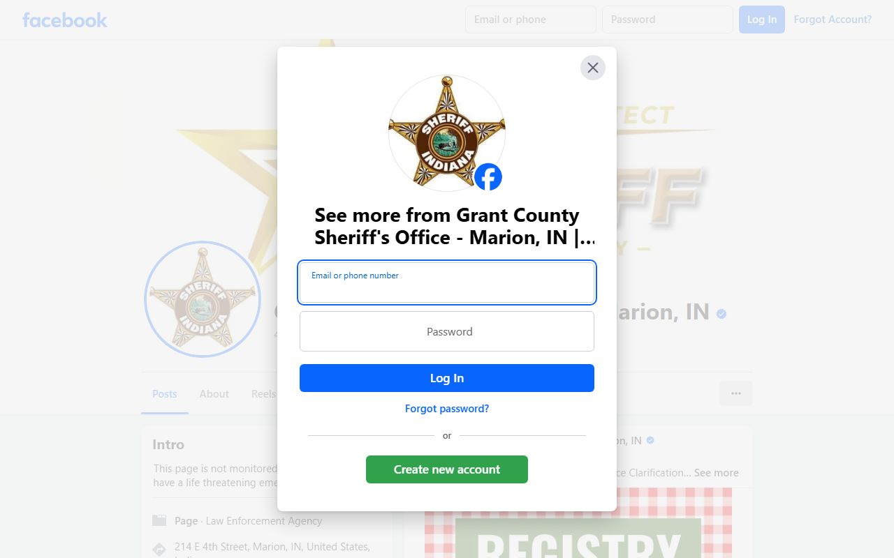 Grant County Sheriff Facebook page showing public safety updates and blotter posts