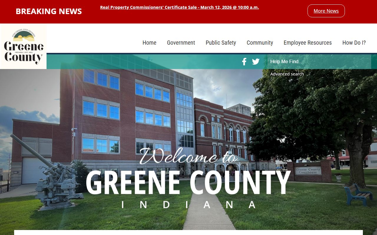 Greene County Indiana government website showing departments and police blotter links