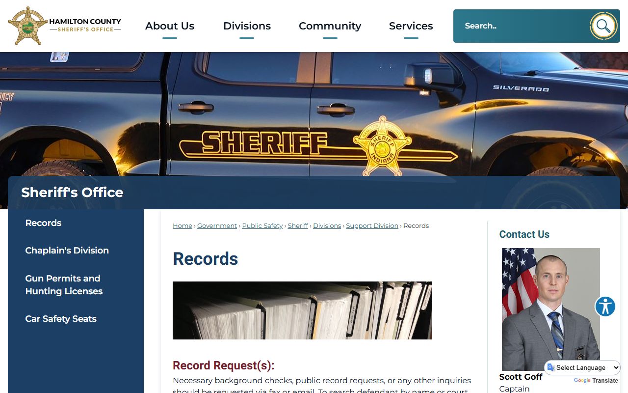 Hamilton County Sheriff's Office Records Division page for police blotter requests