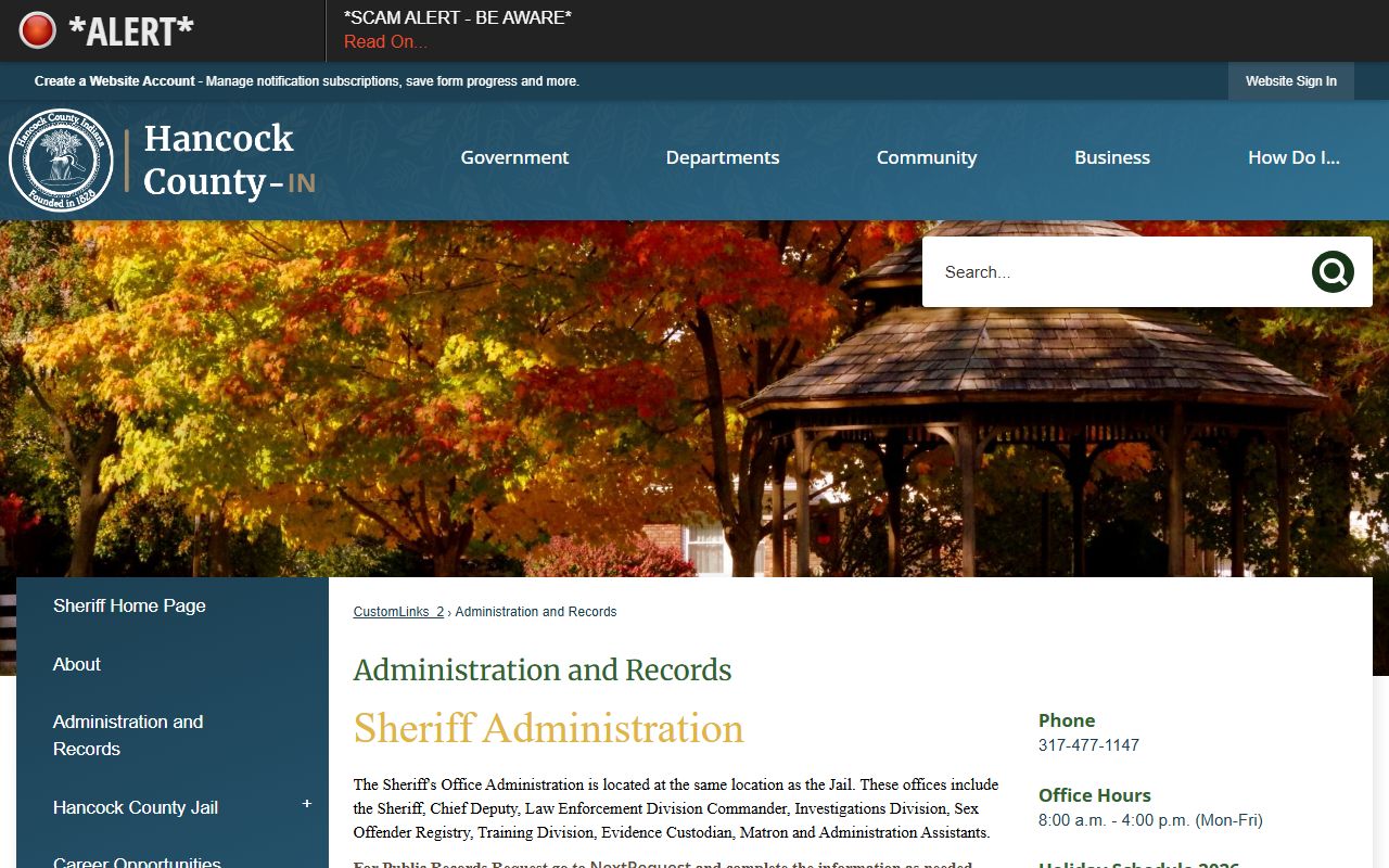Hancock County Administration and Records page for police blotter access