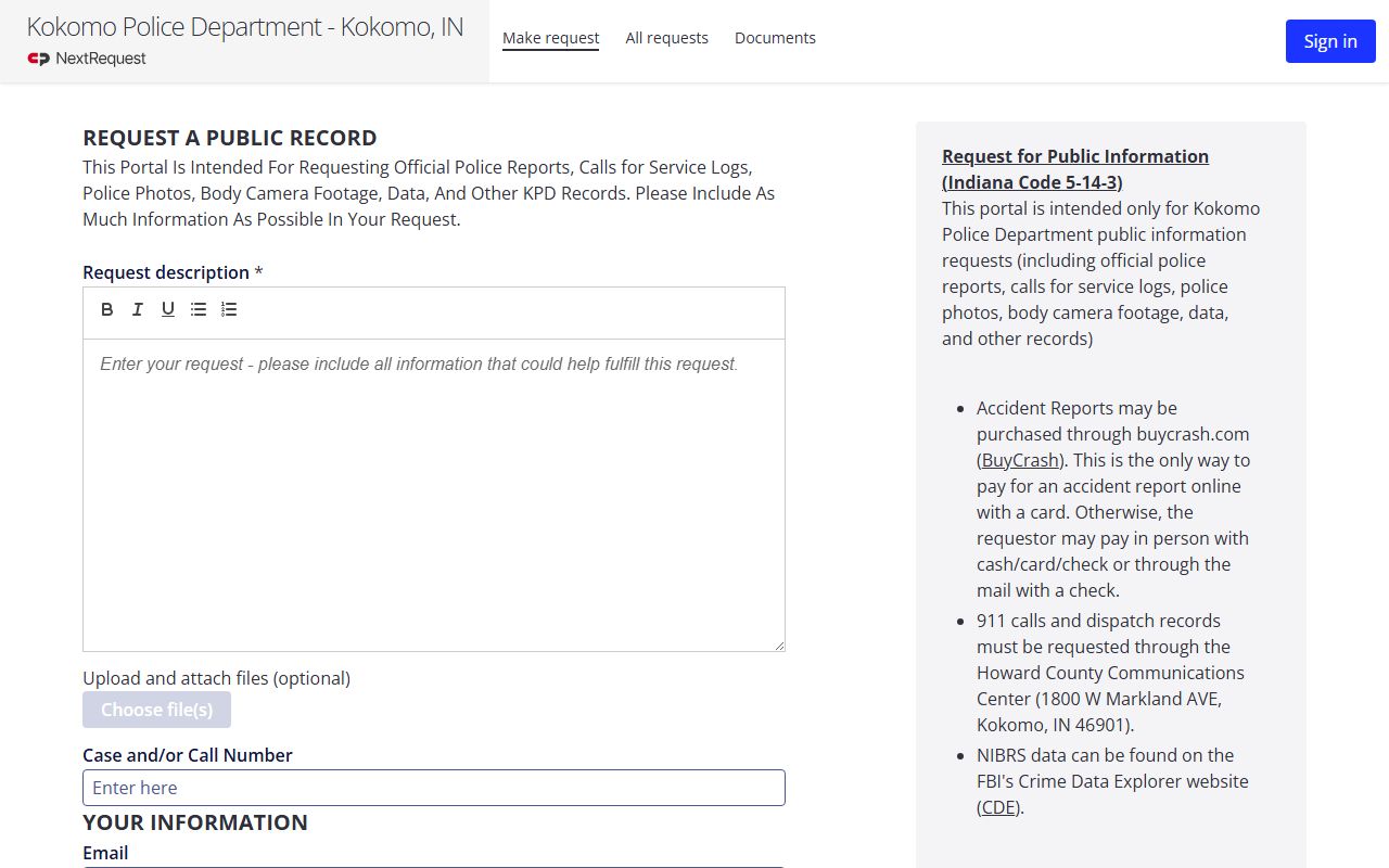Kokomo Police Department NextRequest records portal for police blotter access