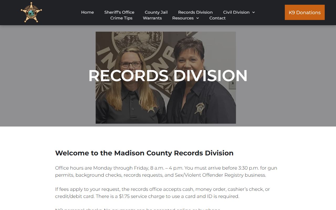 Madison County Sheriff Records Division page showing services and fees for public records