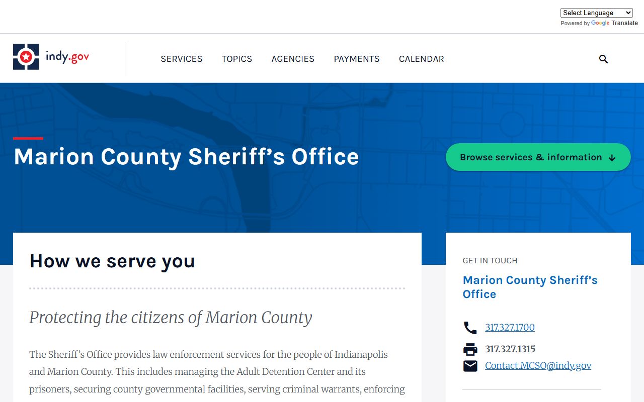 Marion County Sheriff's Office page under the Indianapolis city-county government structure