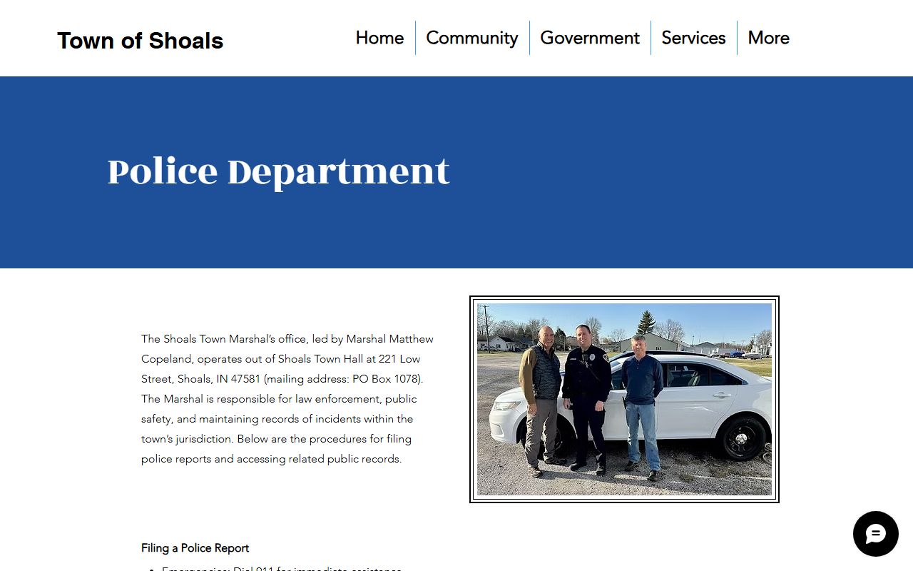 Shoals Town Marshal's Office website for Martin County police blotter records in Shoals Indiana