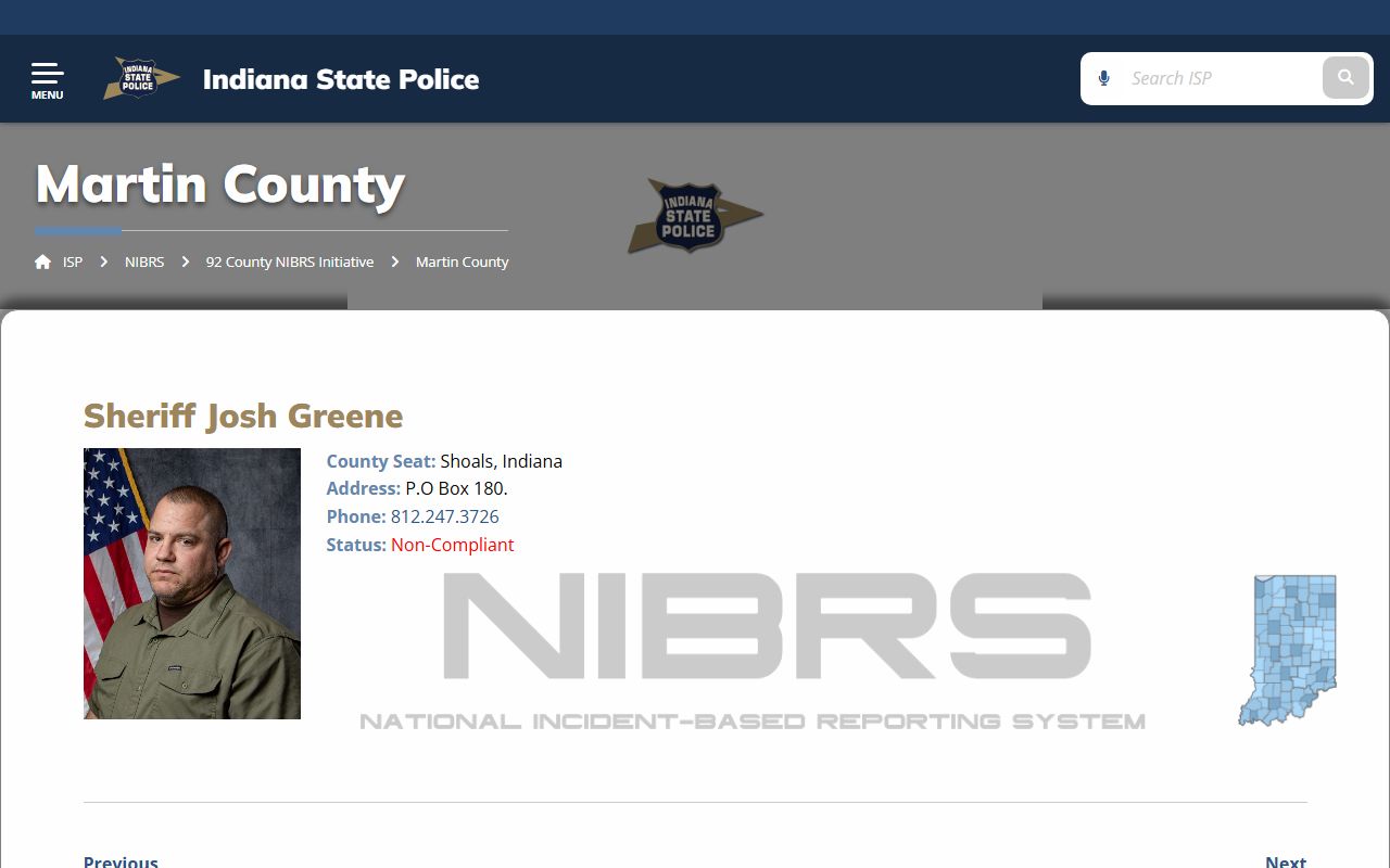 Indiana NIBRS initiative page showing Martin County crime reporting compliance status