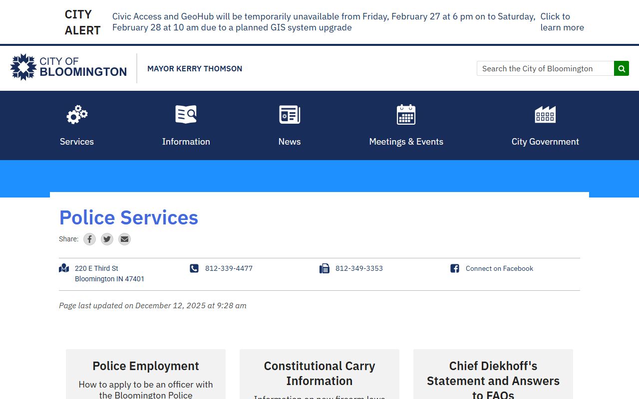 Bloomington Police Department website for Monroe County police blotter and public records requests