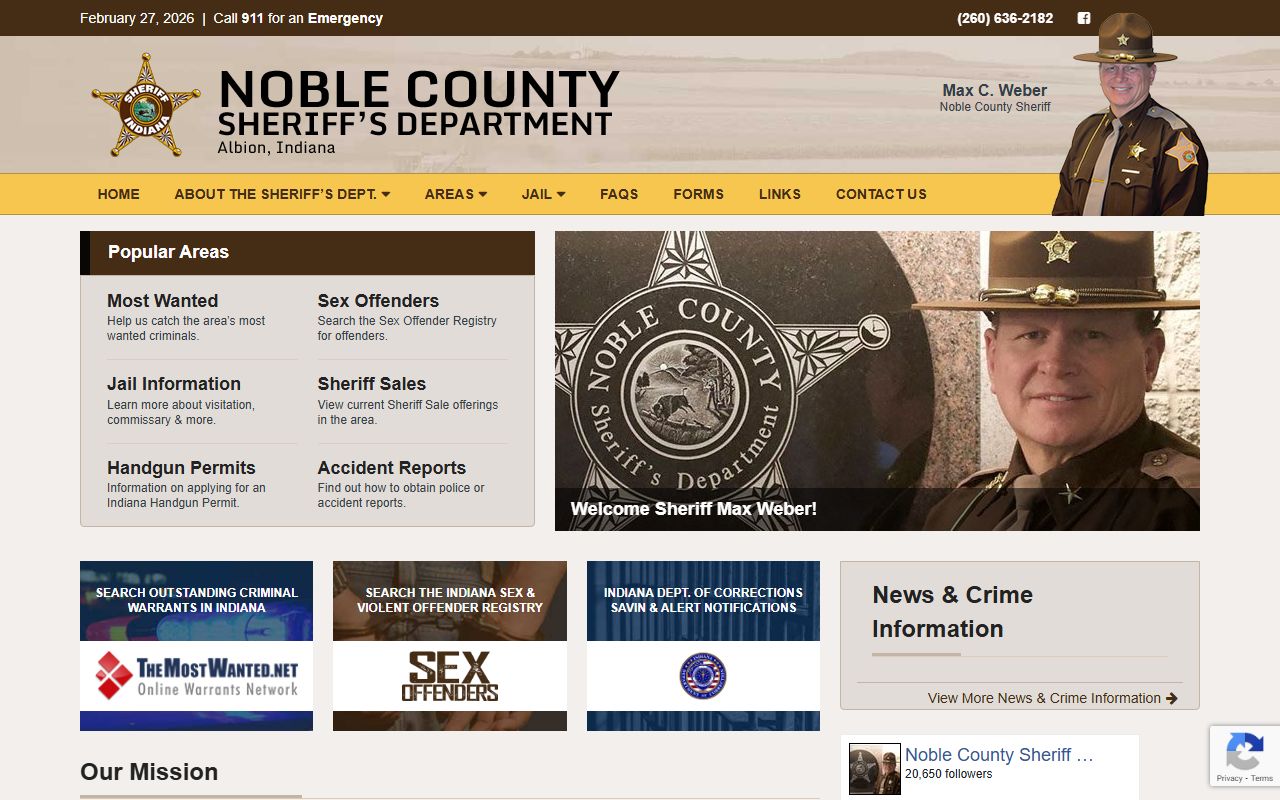 Noble County Sheriff Office website for police blotter records in Noble County Indiana