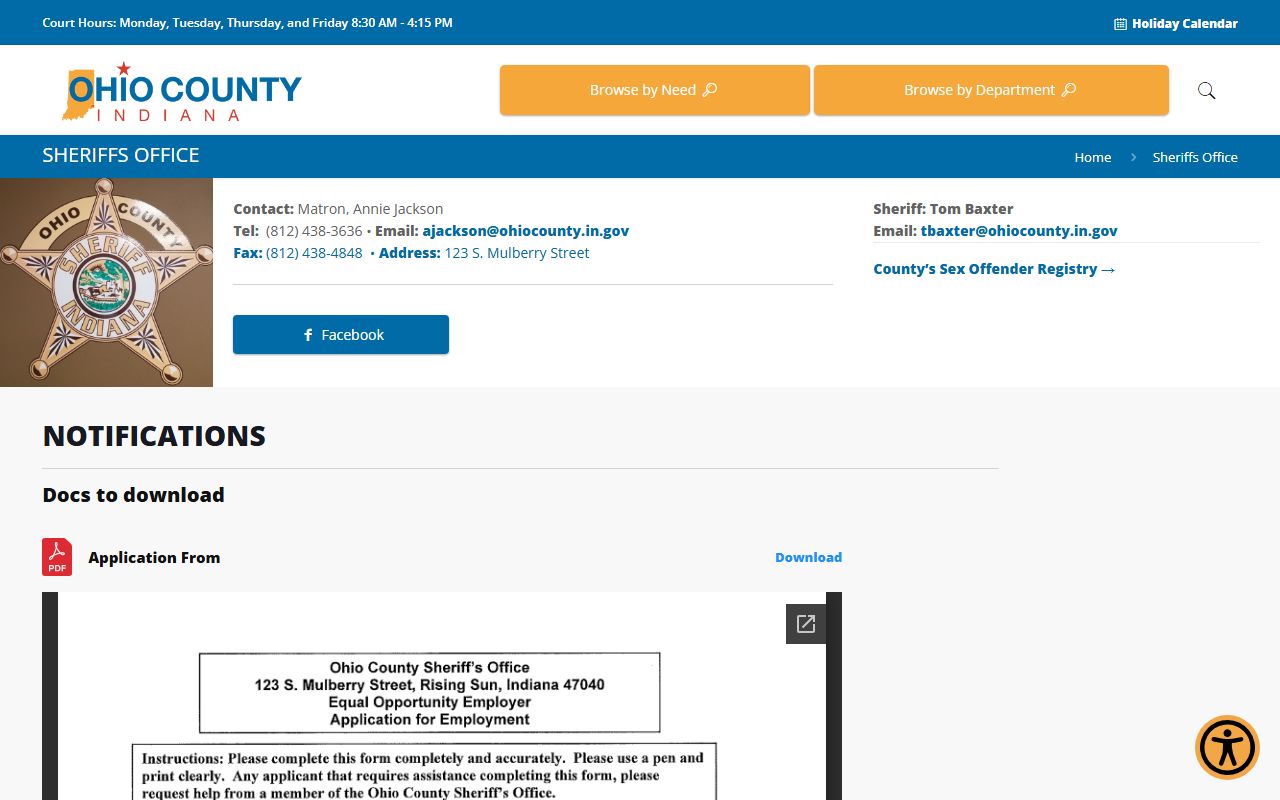 Ohio County Sheriff's Office website for police blotter records