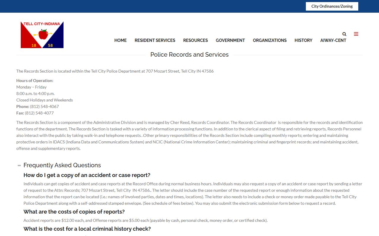Tell City Police Department records request process for Perry County