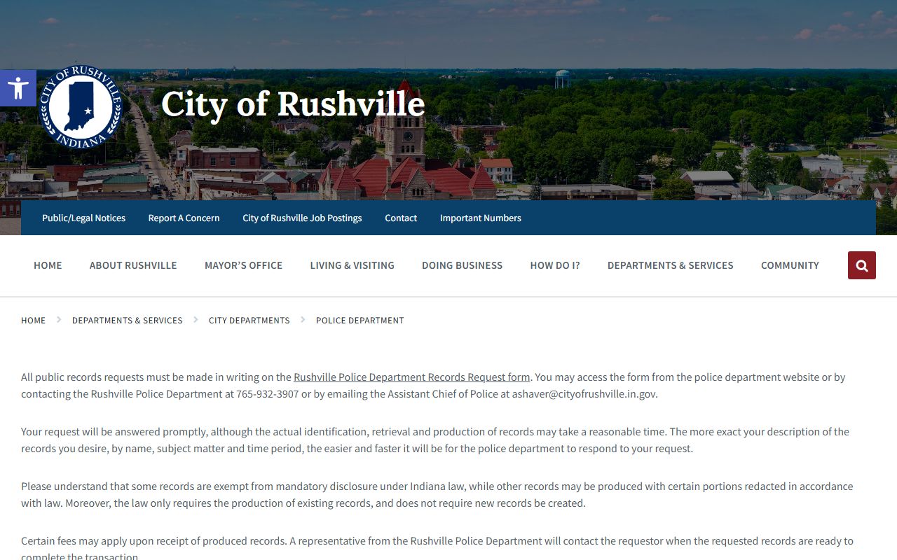 Rush County records request process and Rushville Police Department information