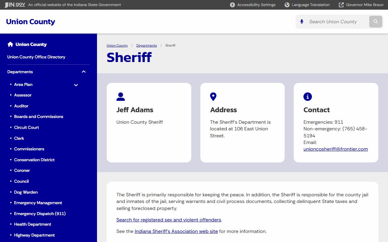 Union County Sheriff's Office and police blotter records in Liberty Indiana