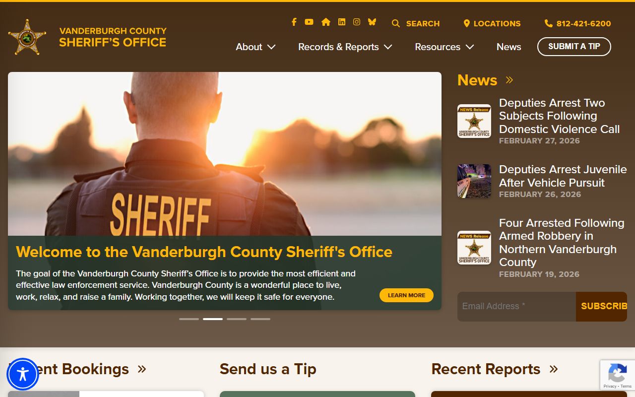 Vanderburgh County Sheriff's Office website for police blotter records